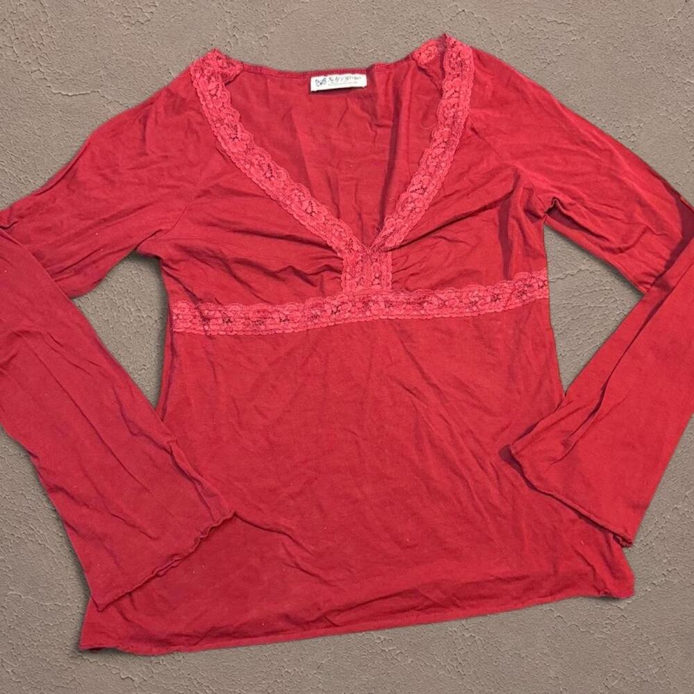 Vintage Y2K Self Esteem Red Lace Trim Bell Sleeve Top XL